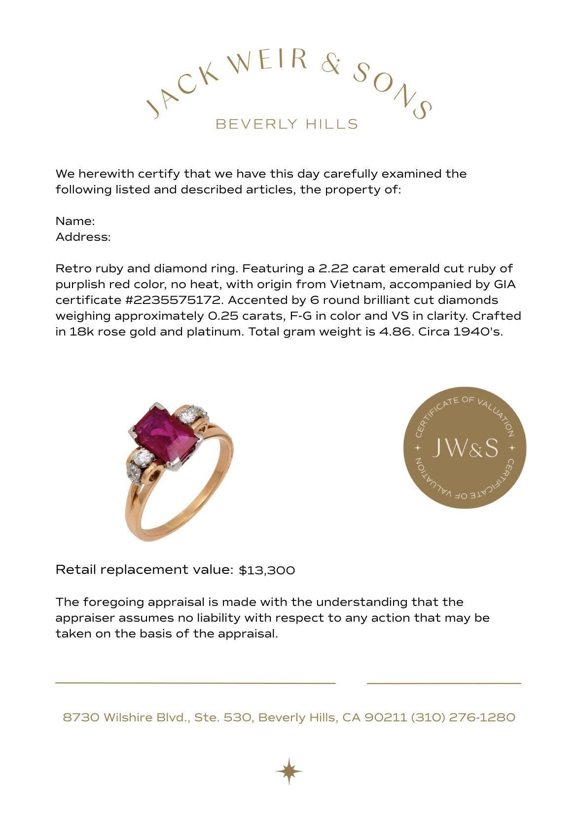 Retro GIA 2.22 carat no heat ruby diamond 18k ring For Sale 2