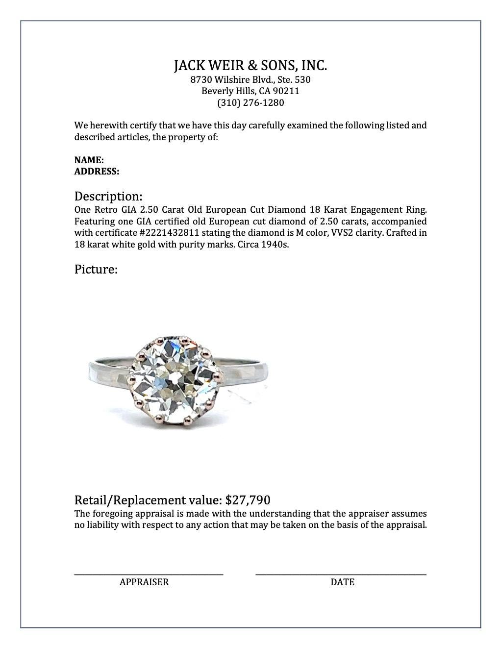 Retro GIA 2.50 Carat Old European Cut Diamond 18 Karat Gold Engagement Ring 5