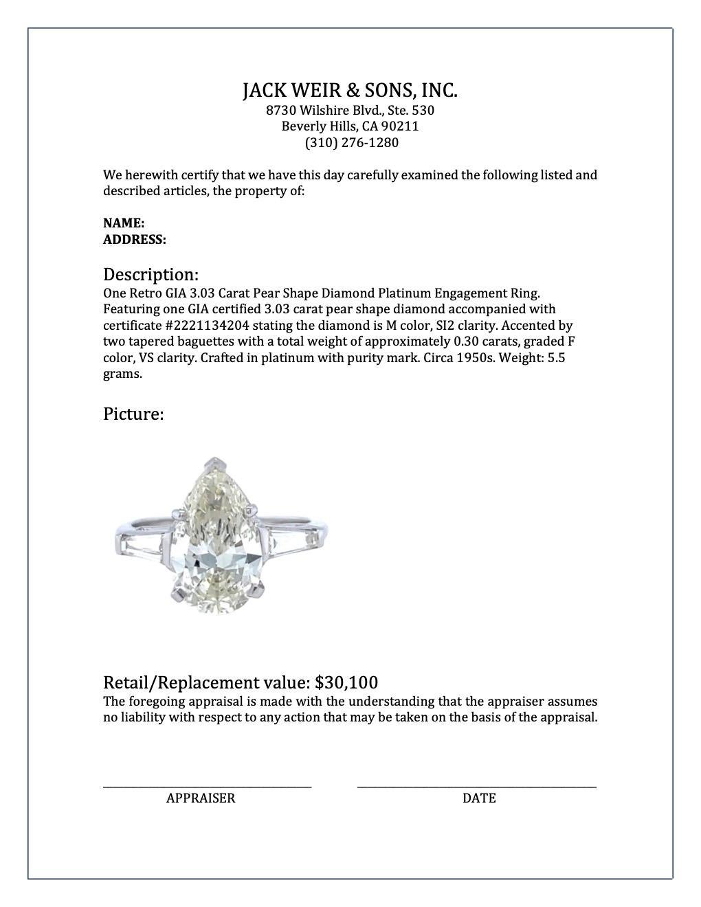 Retro GIA 3.03 Carat Pear Shape Diamond Platinum Engagement Ring 3
