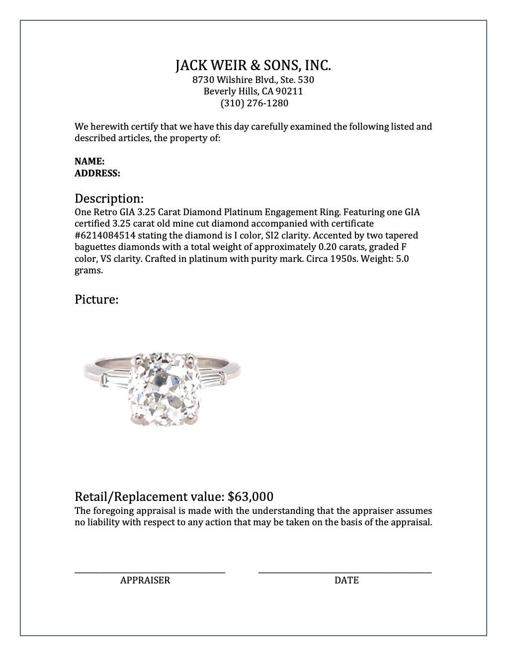 Retro GIA 3.25 Carat Old Mine Cut Diamond Platinum Engagement Ring 4