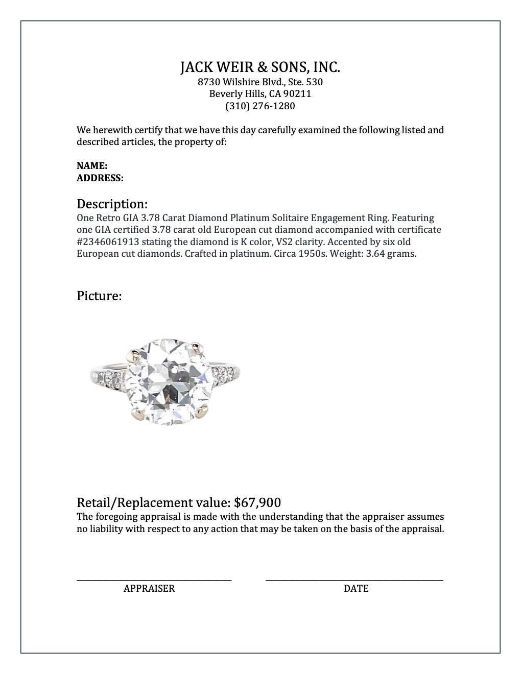 Retro GIA 3.78 Carat Diamond Platinum Solitaire Engagement Ring 3