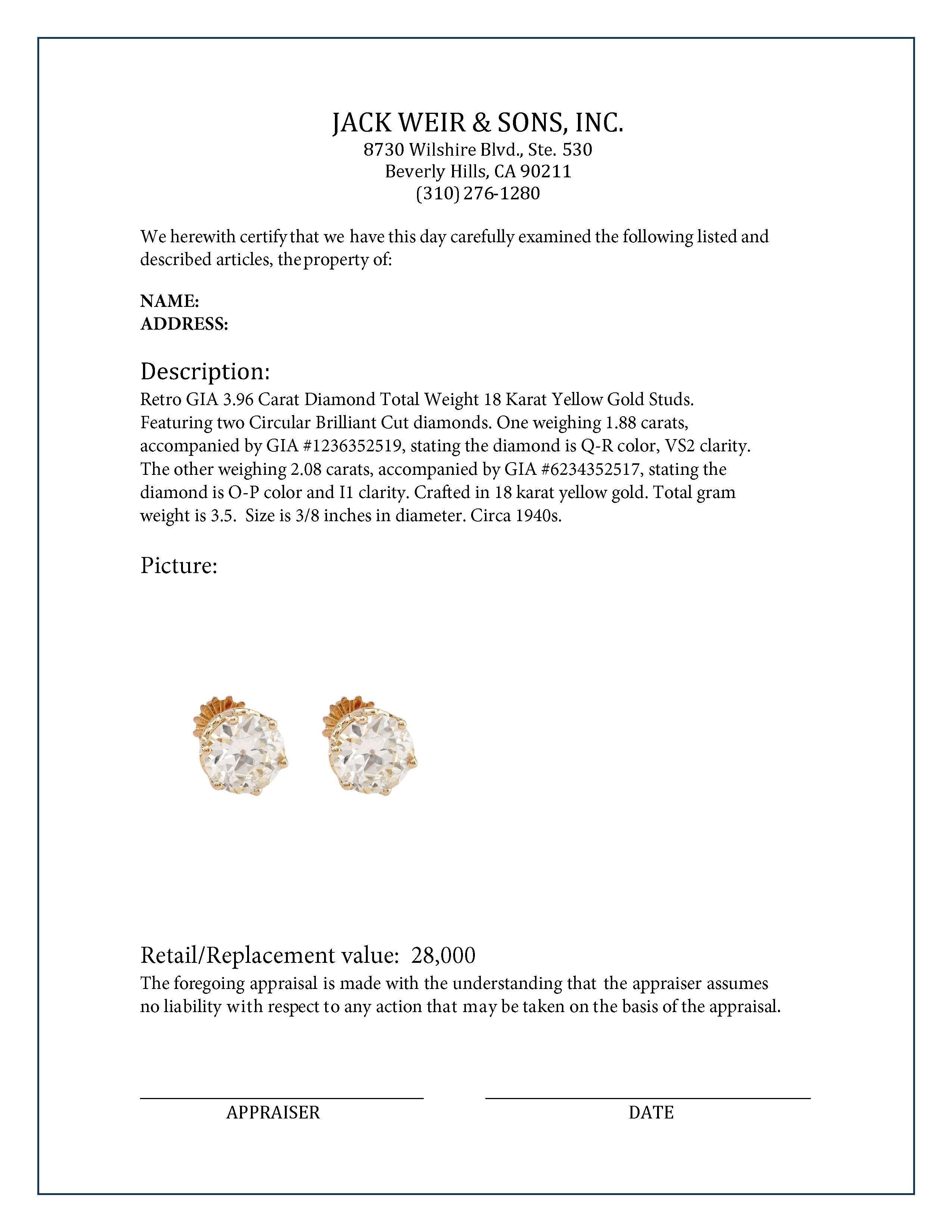 Retro GIA 3,96 Karat Diamant Gesamtgewicht 18K Gelbgold Ohrstecker im Angebot 1