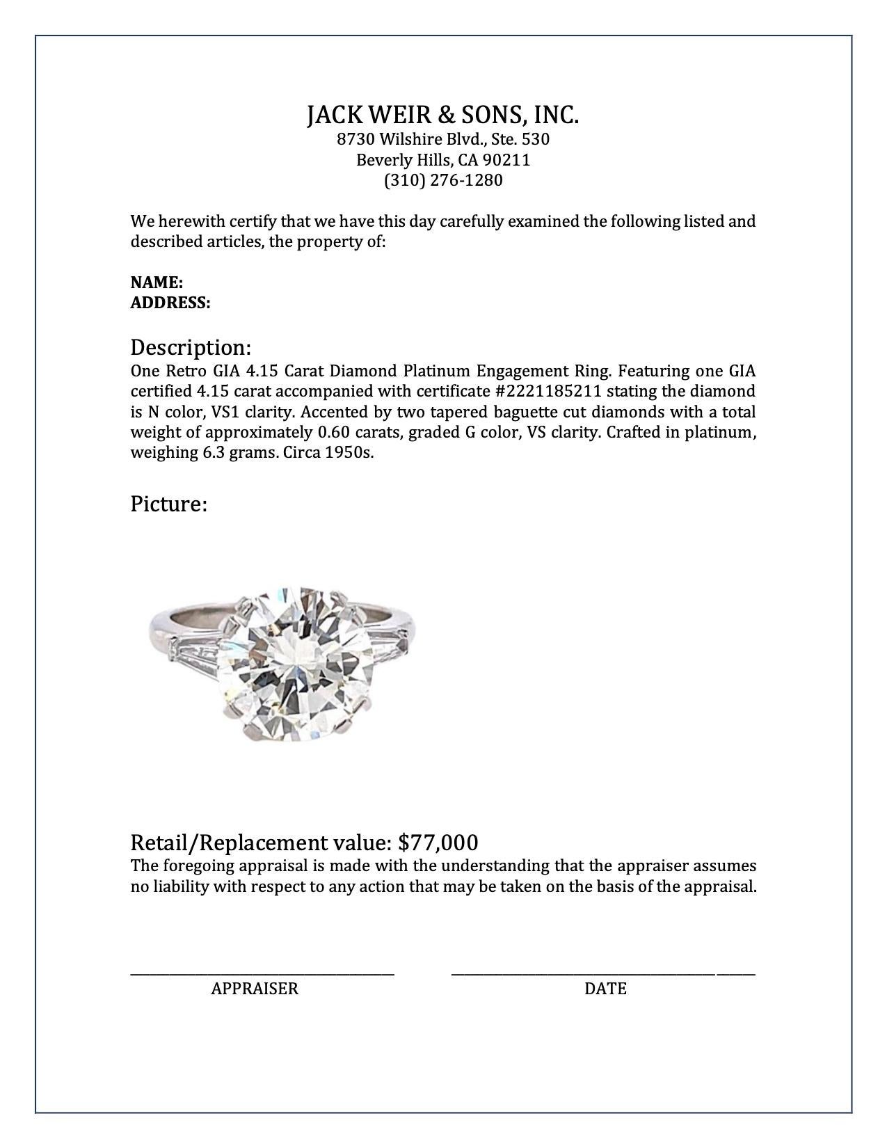 Retro GIA 4.15 Carat Round Brilliant Cut Diamond Platinum Engagement Ring 3