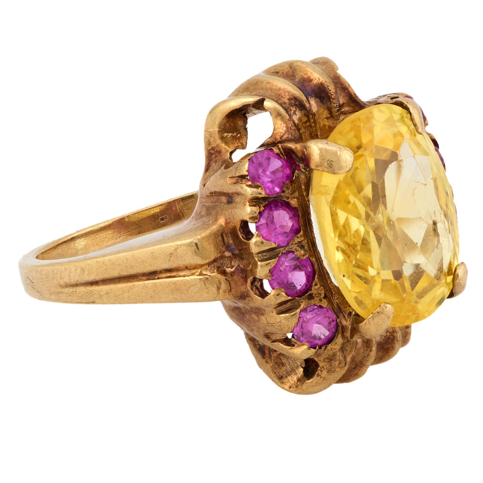 Retro GIA 4,20 Karat keine Hitze gelben Saphir Rubin 14k Gelbgold Ring (Ovalschliff) im Angebot