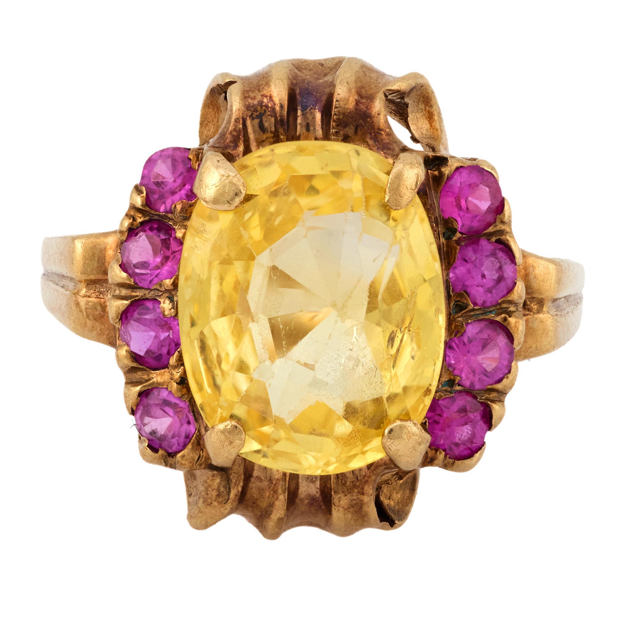Retro GIA 4,20 Karat keine Hitze gelben Saphir Rubin 14k Gelbgold Ring im Zustand „Gut“ im Angebot in Beverly Hills, CA
