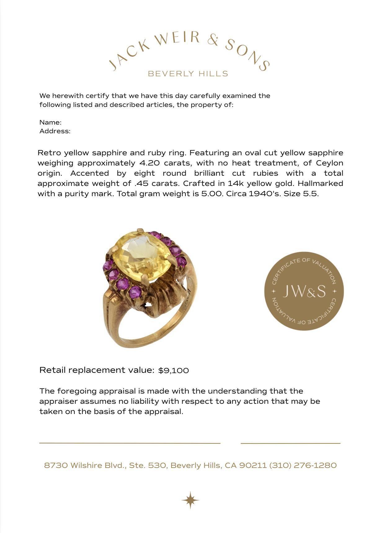 Retro GIA 4,20 Karat keine Hitze gelben Saphir Rubin 14k Gelbgold Ring im Angebot 1
