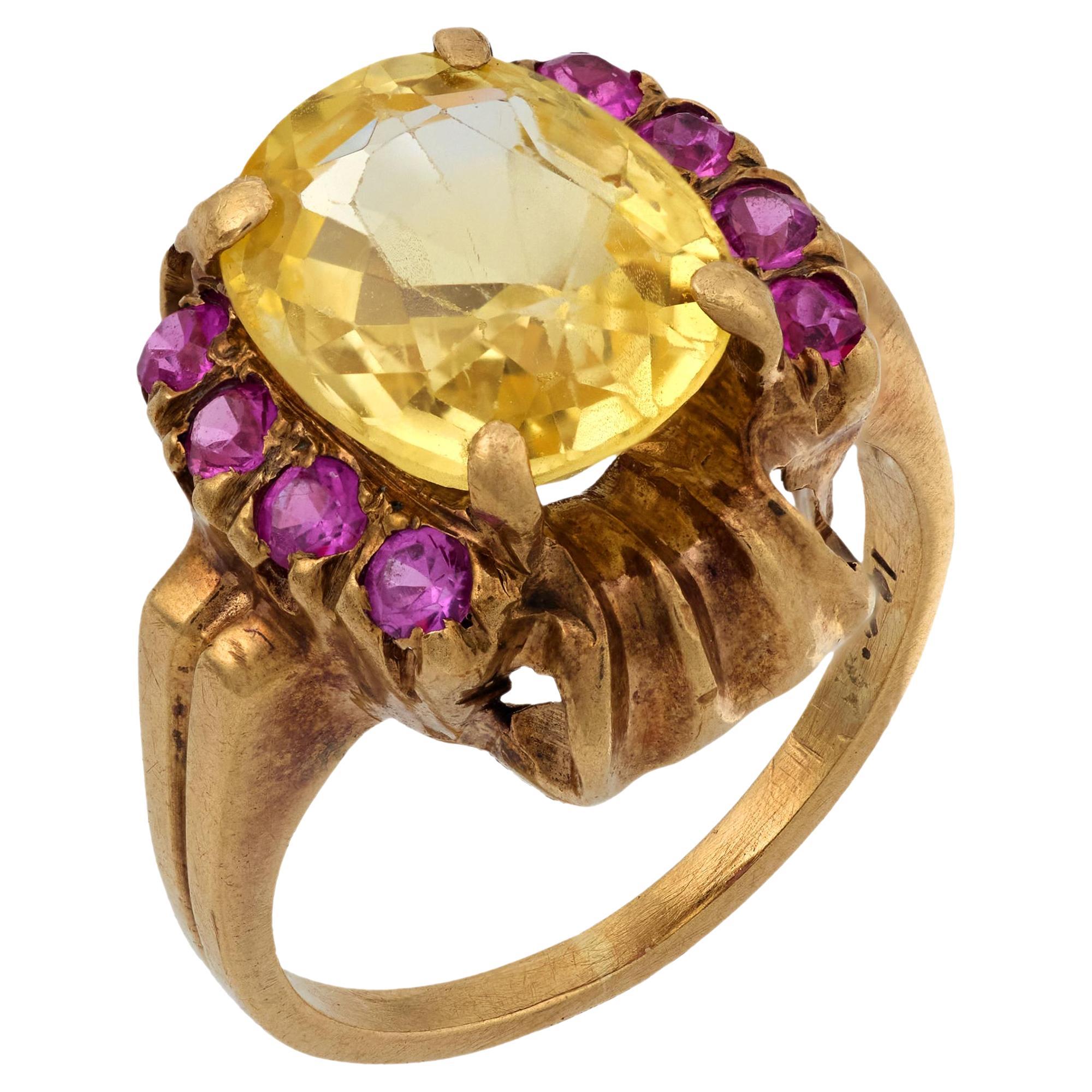 Retro GIA 4.20 carat no heat yellow sapphire ruby 14k yellow gold ring