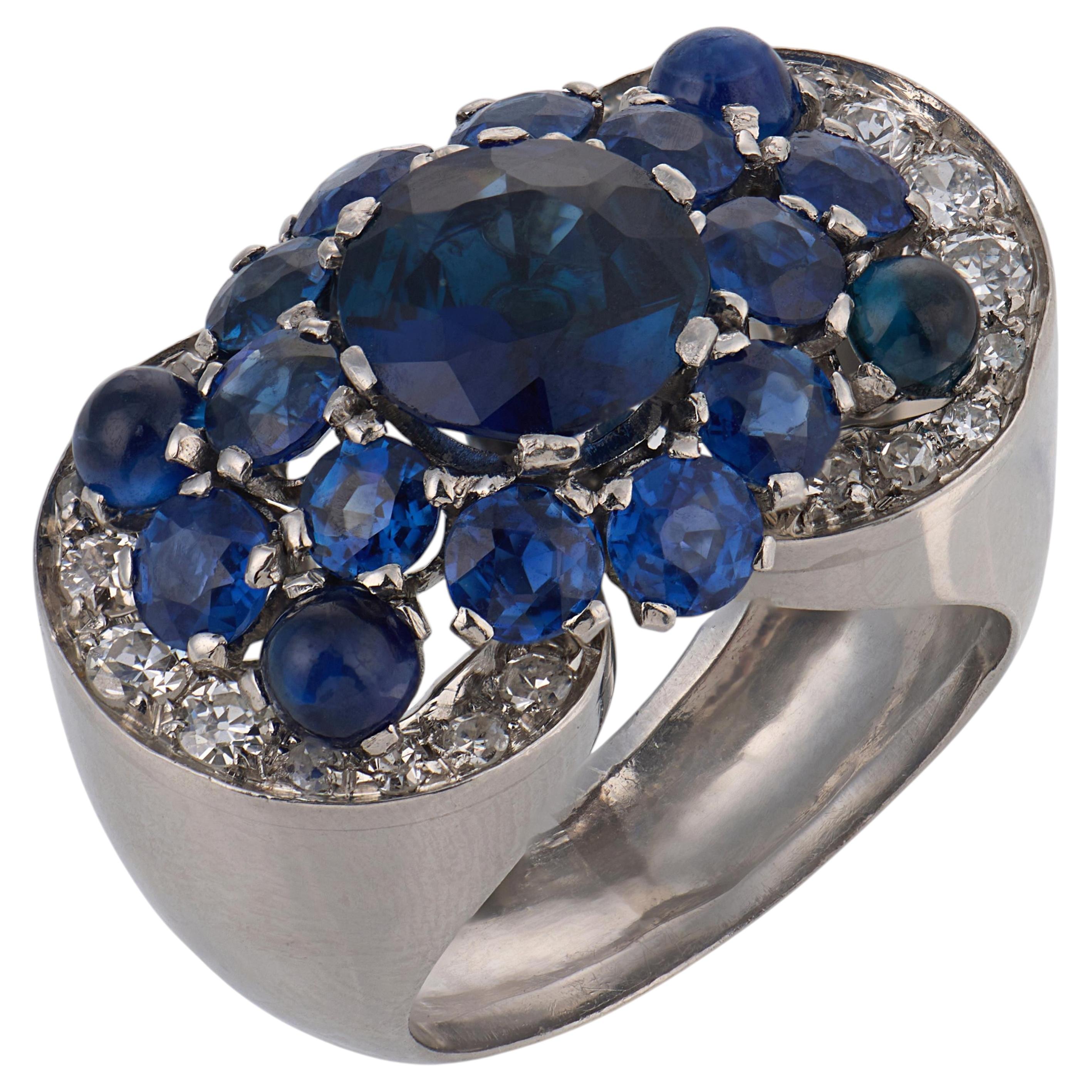 Retro GIA 5.00 carat sapphire diamond platinum cocktail ring