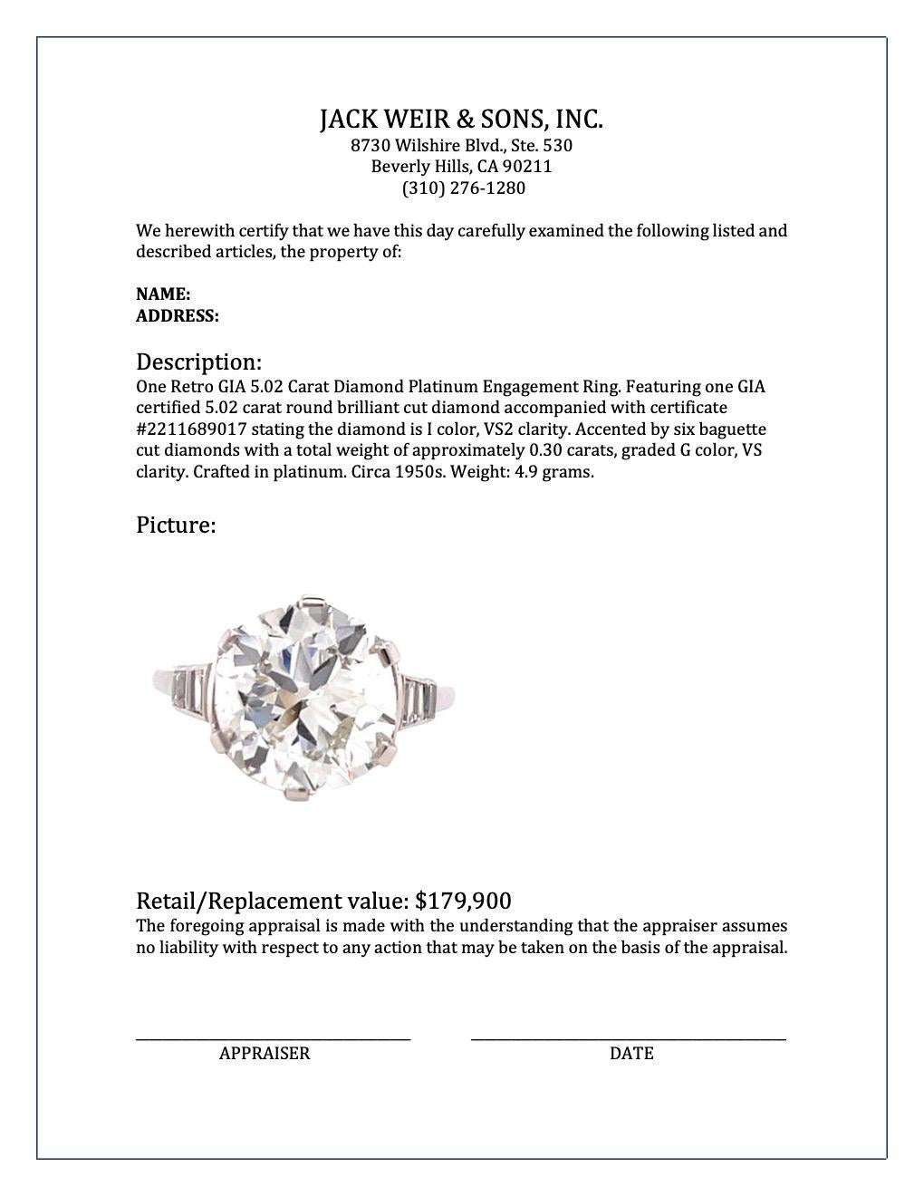 Retro GIA 5.02 Carat Diamond Platinum Engagement Ring 3