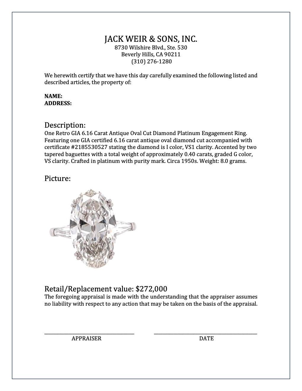 Retro GIA 6.16 Carat Antique Oval Cut Diamond Platinum Engagement Ring 2
