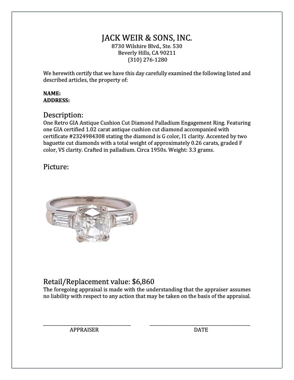 Retro GIA Antique Cushion Cut Diamond Palladium Engagement Ring 1