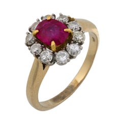 Anello a grappolo in oro giallo 18k e platino con rubino di Birmania senza calore GIA retrò