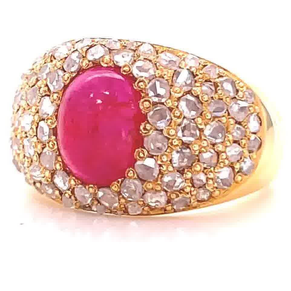 Women's Retro GIA No Heat Burma Ruby Diamond 18 Karat Gold Bombe Ring