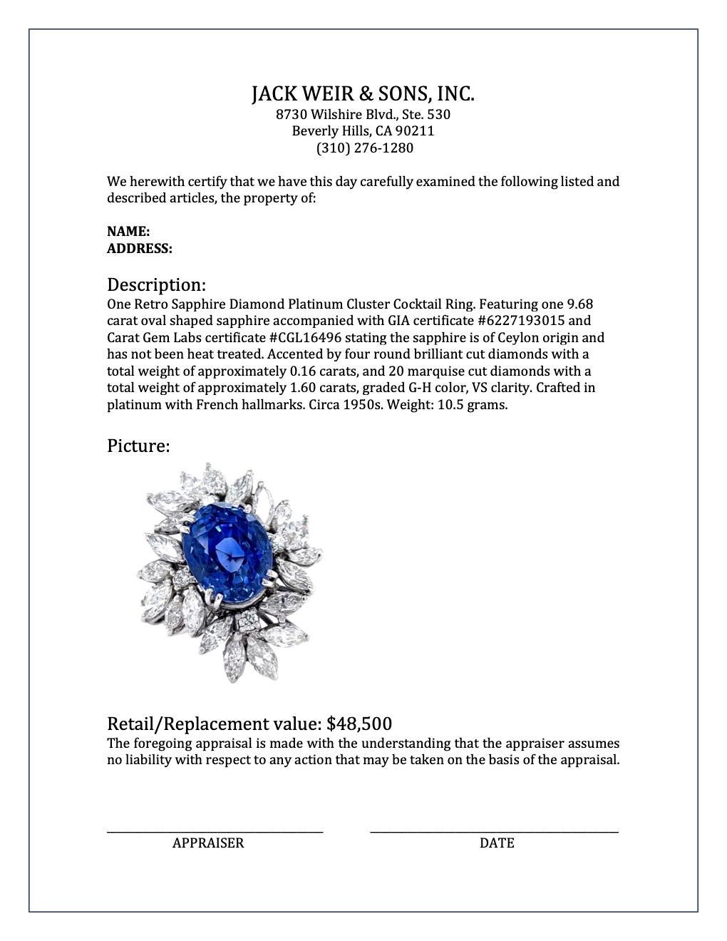 Retro GIA Sapphire Diamond Platinum Cluster Cocktail Ring 3