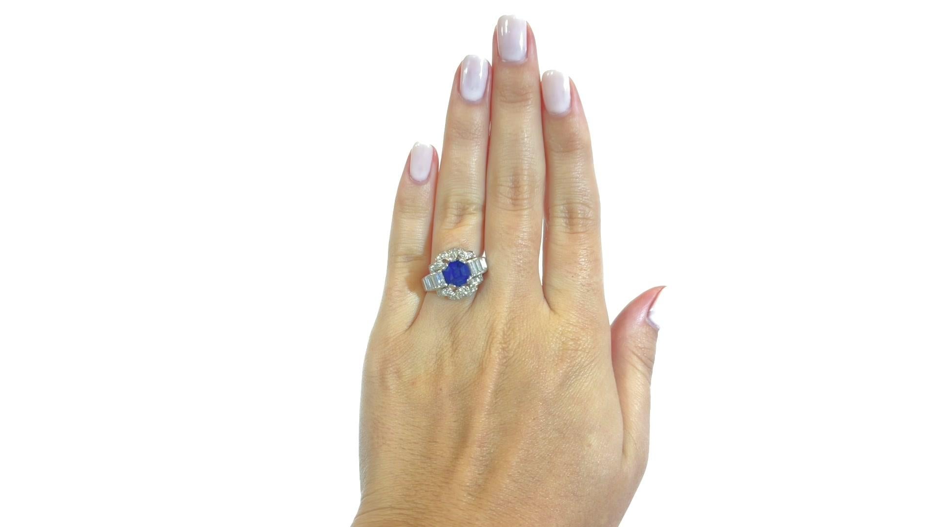 If you are looking for a one-of-a-kind color stone ring, consider this stunning Retro Sapphire Diamond Platinum Ring. The intricate features and mixed shapes will constantly attract your gaze. You will own a sapphire ring like no other. 

The center