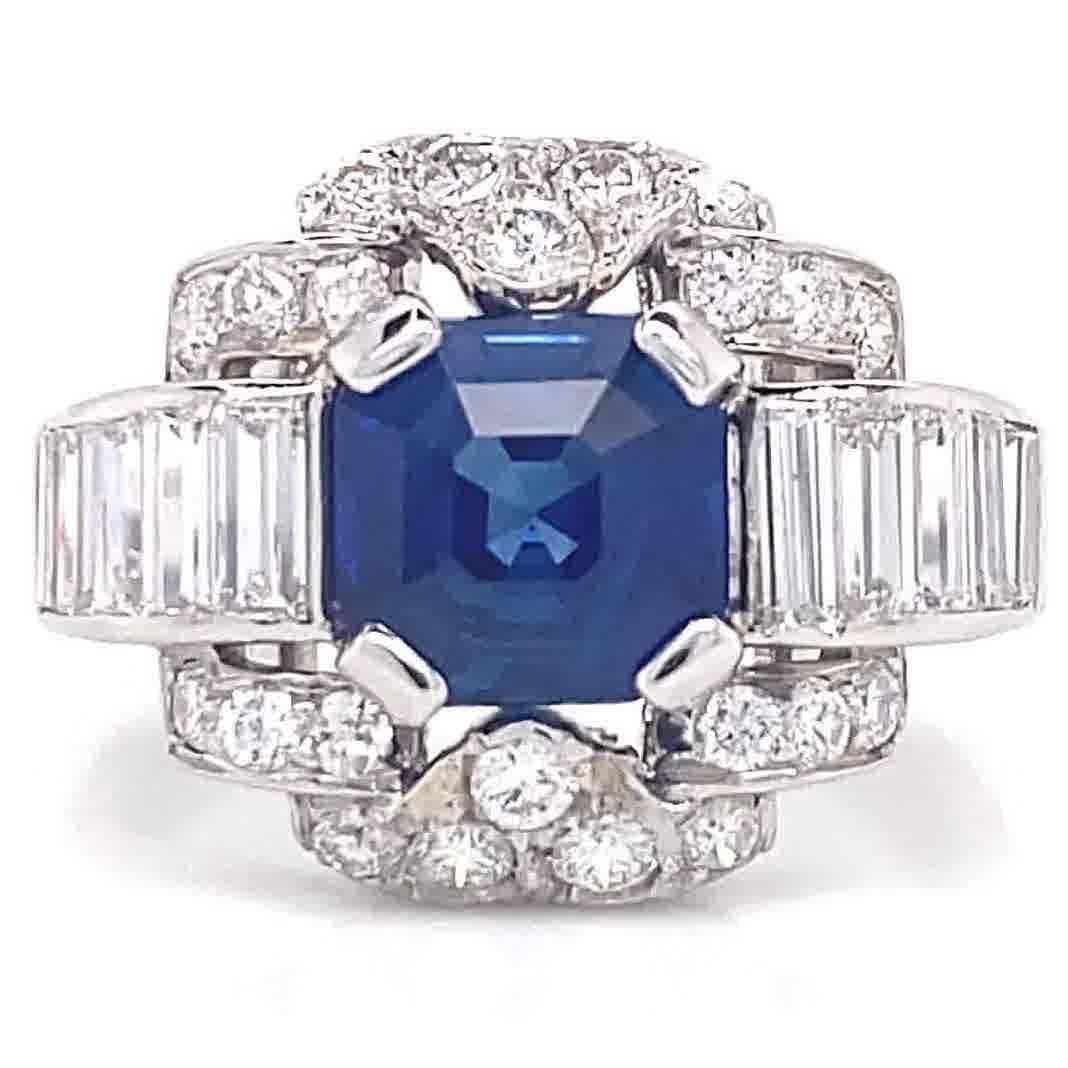 Retro GIA Sapphire Diamond Platinum Ring