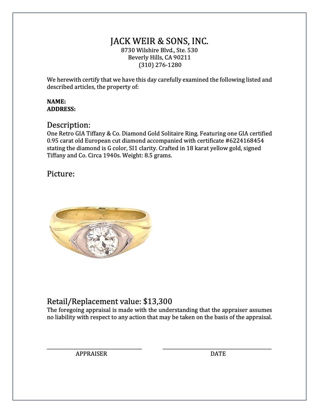 Retro GIA Tiffany & Co. Diamond Gold Solitaire Ring 2