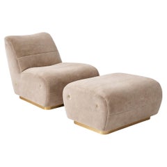 Retro Glam Sculptural Armchair and Ottoman in Velvet with Brushed Brass Base
