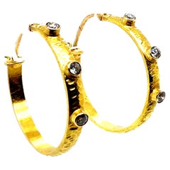 Retro Gold 0.30 Carat Natural Colorless Diamond Hammered Hoop Earrings