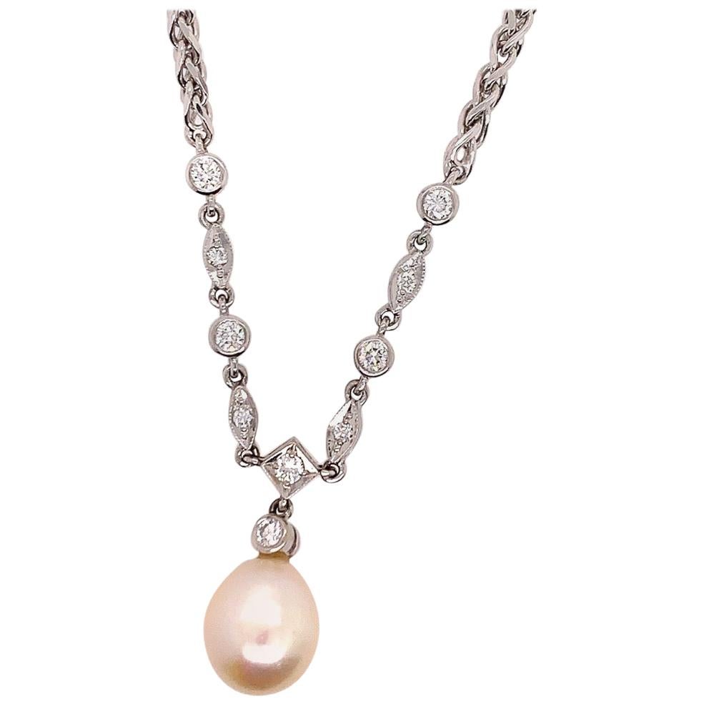 Retro Gold 0.50 Carat Natural Diamond & Pearl Necklace, Made in Italy circa 1980 For Sale