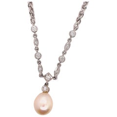 Vintage Gold 0.50 Carat Natural Diamond & Pearl Necklace, Made in Italy circa 1980