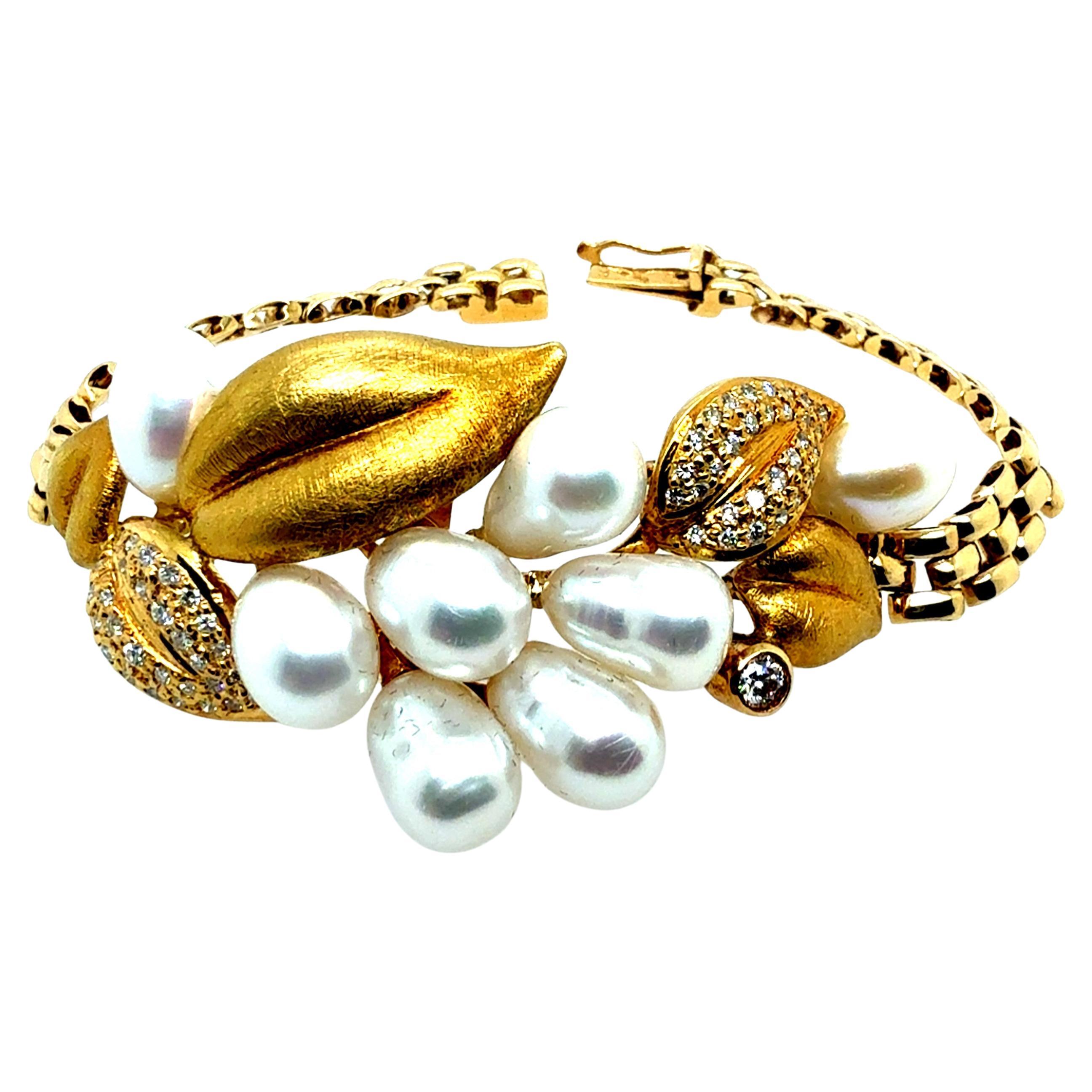 Retro Gold 0.75 Carat Diamond and Pearl Statement Leaf Bracelet Circa 1960 For Sale