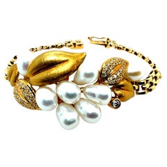 Retro Gold 0.75 Carat Diamond and Pearl Statement Leaf Bracelet Circa 1960