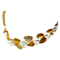 Retro Gold 0.75 Carat Diamond & Pearl Choker Statement Necklace Circa 1960
