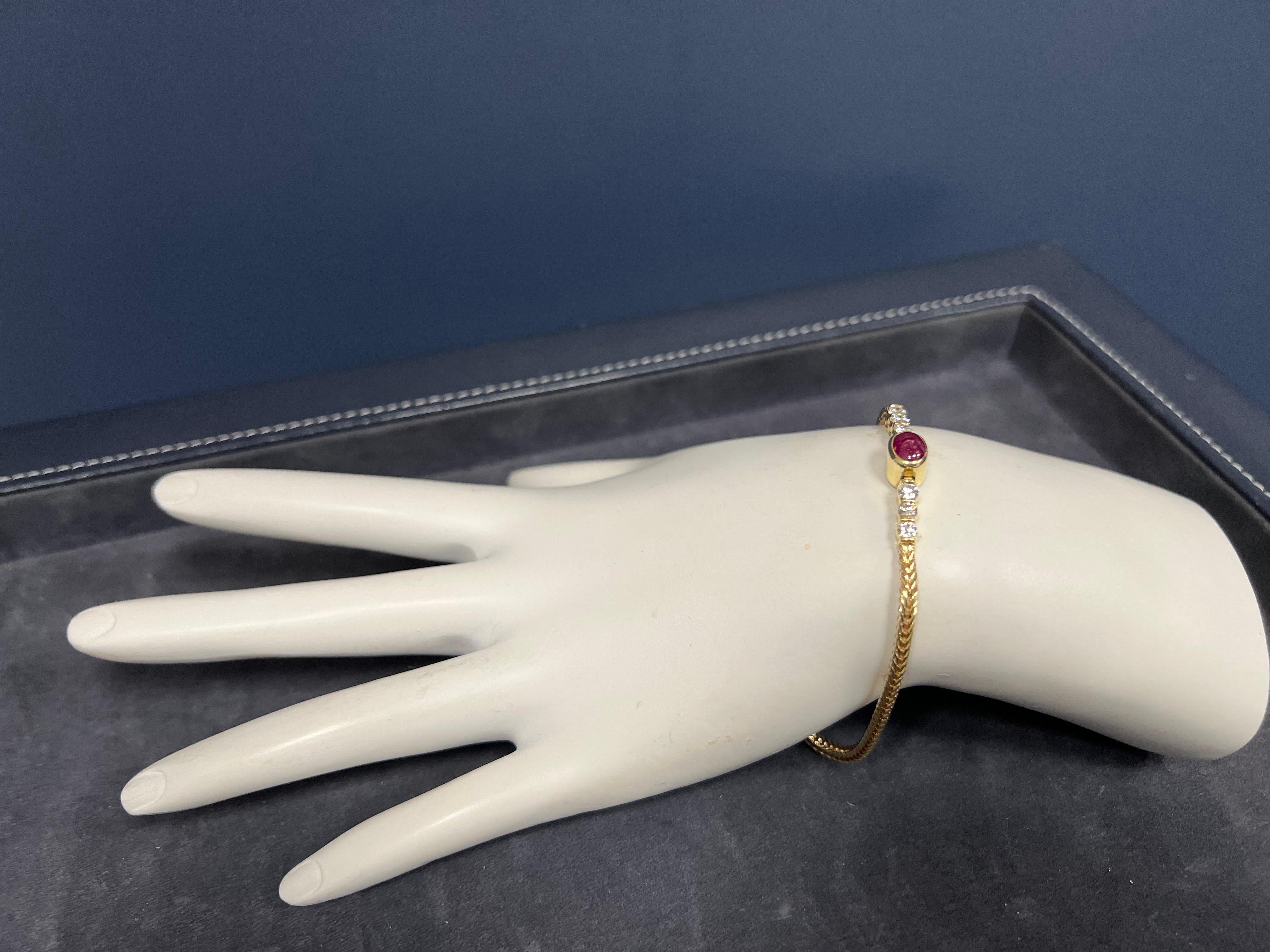 Retro Gold 1 Carat Natural Diamond and Red Ruby Cabochon Bracelet, circa 1970 In Good Condition For Sale In Los Angeles, CA