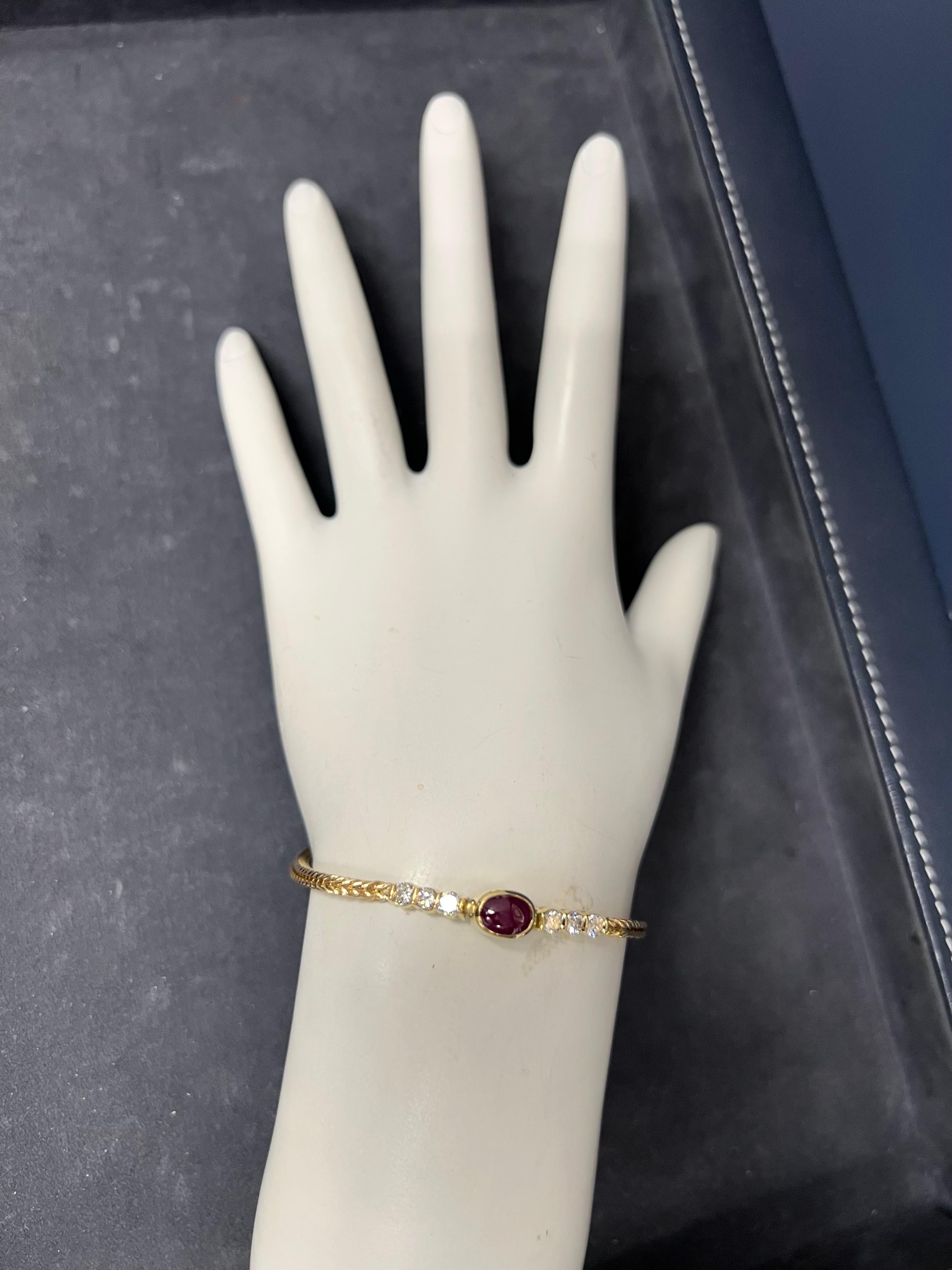 Women's Retro Gold 1 Carat Natural Diamond and Red Ruby Cabochon Bracelet, circa 1970 For Sale