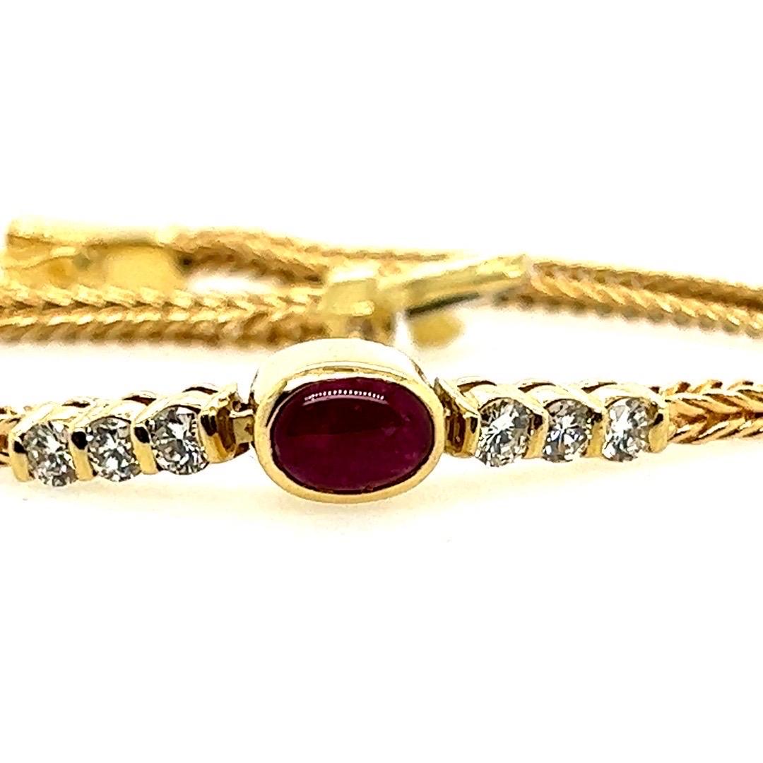 Retro Gold 1 Carat Natural Diamond and Red Ruby Cabochon Bracelet, circa 1970 For Sale 1