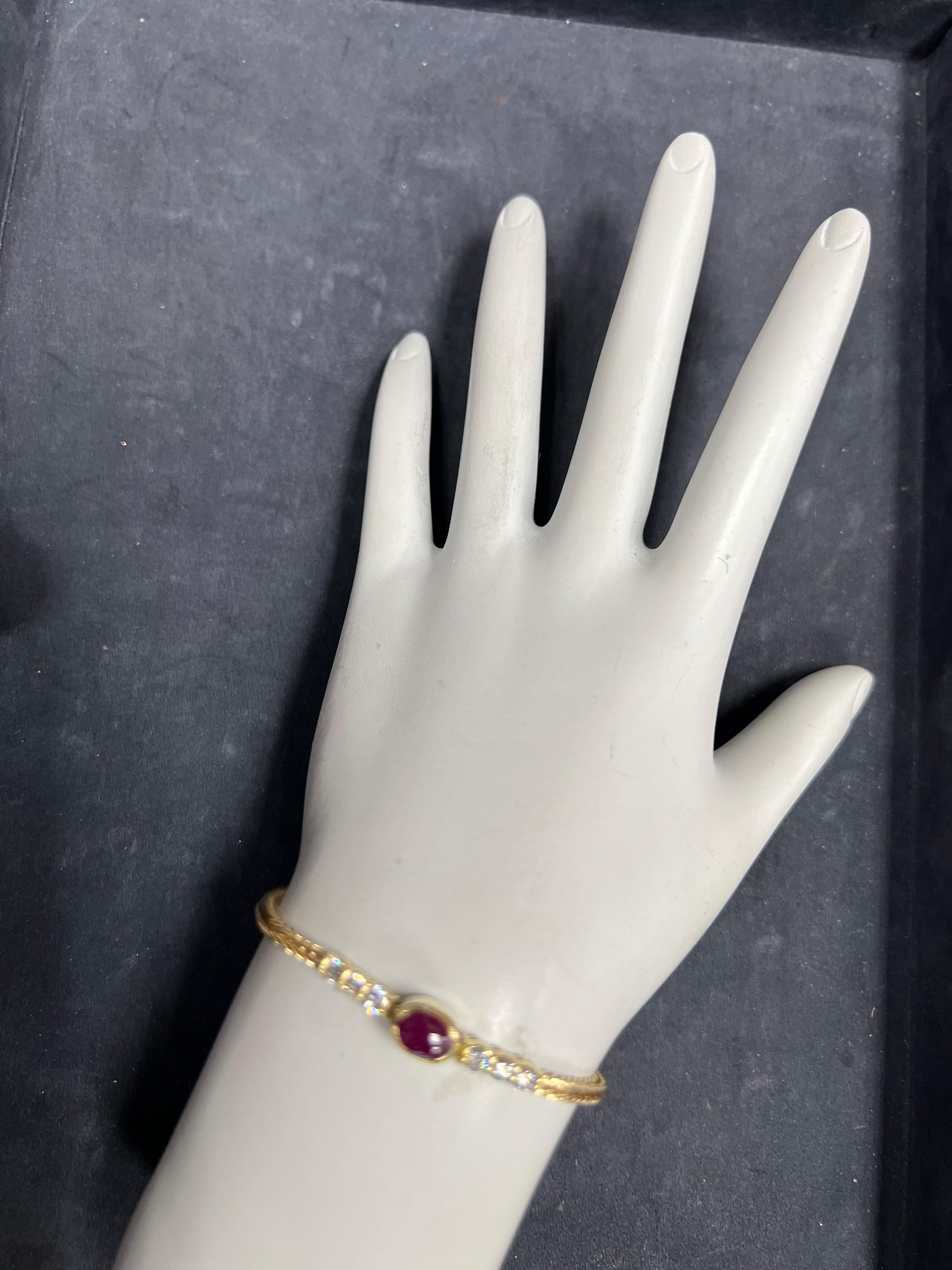 Retro Gold 1 Carat Natural Diamond and Red Ruby Cabochon Bracelet, circa 1970 For Sale 3
