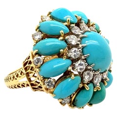 Retro Gold 1.1 CT Natural Diamond & Turquoise Cocktail Ring Circa 1960