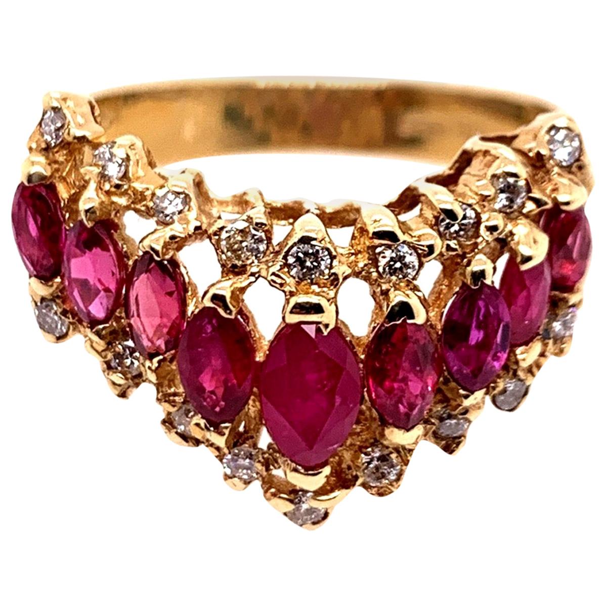 Retro Gold 1.15 Carat Natural Marquise Ruby and Diamond Cocktail Ring circa 1960 For Sale