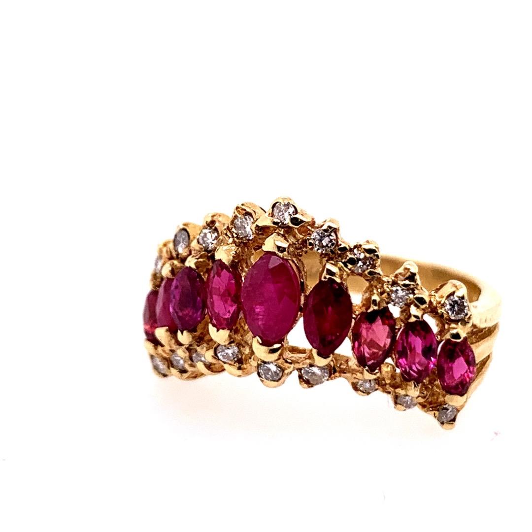 Retro Gold 1.15 Carat Natural Marquise Ruby and Diamond Cocktail Ring circa 1960 In Good Condition For Sale In Los Angeles, CA