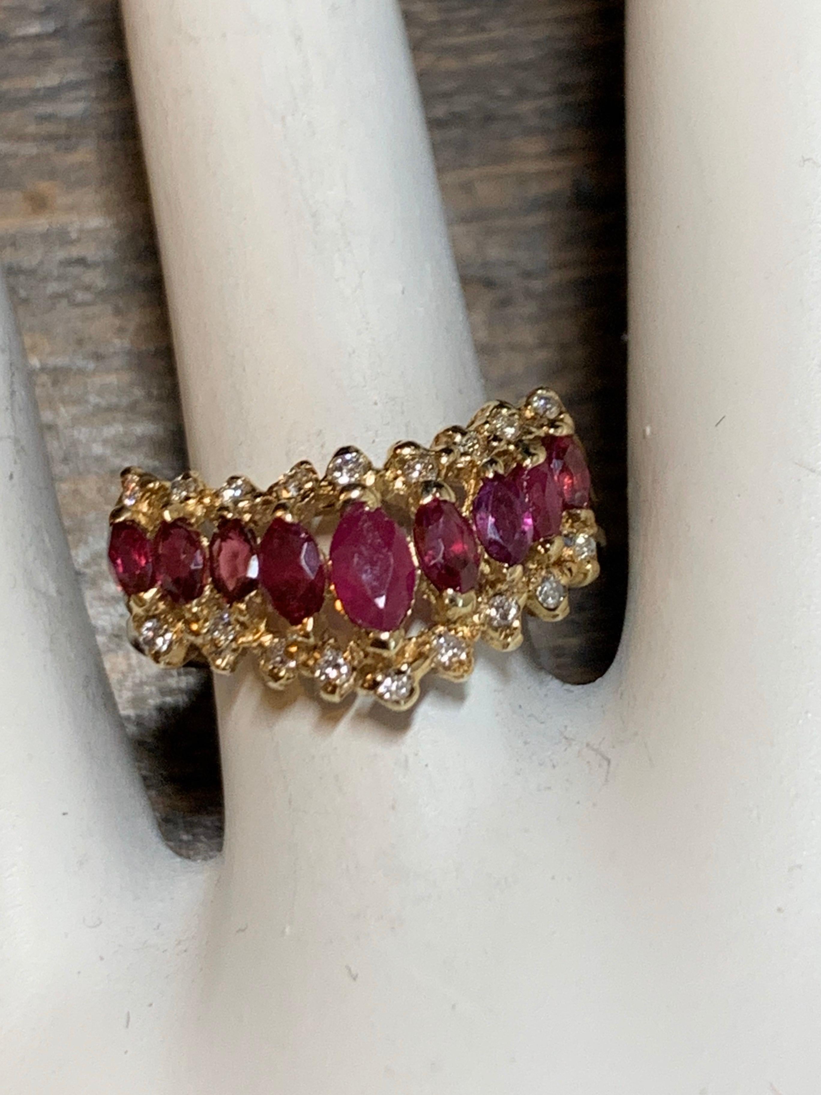 Women's Retro Gold 1.15 Carat Natural Marquise Ruby and Diamond Cocktail Ring circa 1960 For Sale