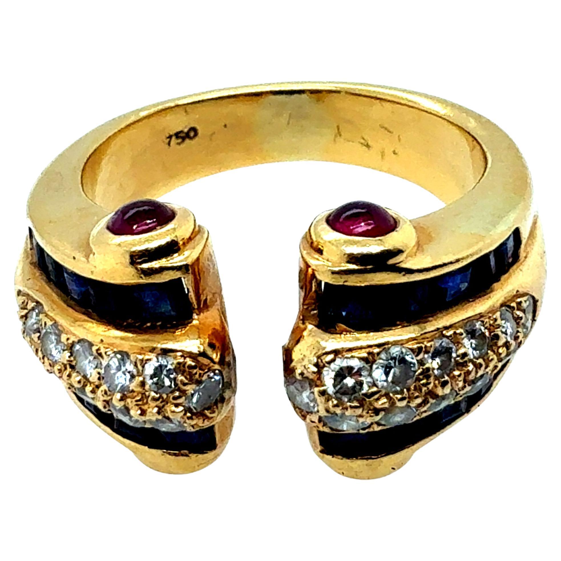 Retro Gold 1.25 Carat Natural Diamond Ruby & Sapphire Ring Circa 1970 For Sale
