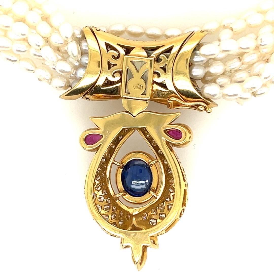 GIA Certified 14 Carat Natural Diamond and Blue Sapphire Cab Necklace Circa 1950 For Sale 6