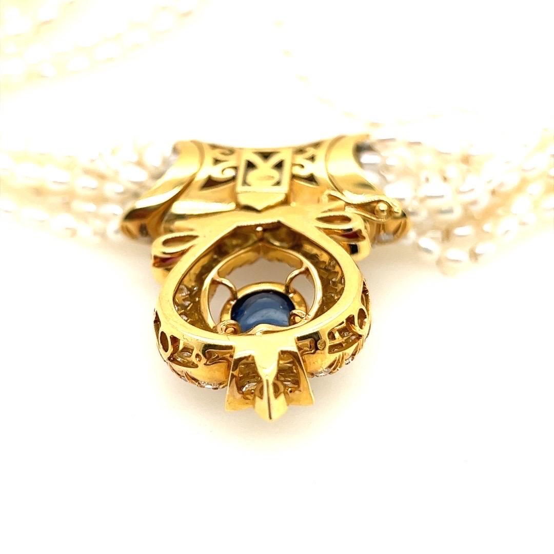 GIA Certified 14 Carat Natural Diamond and Blue Sapphire Cab Necklace Circa 1950 For Sale 7