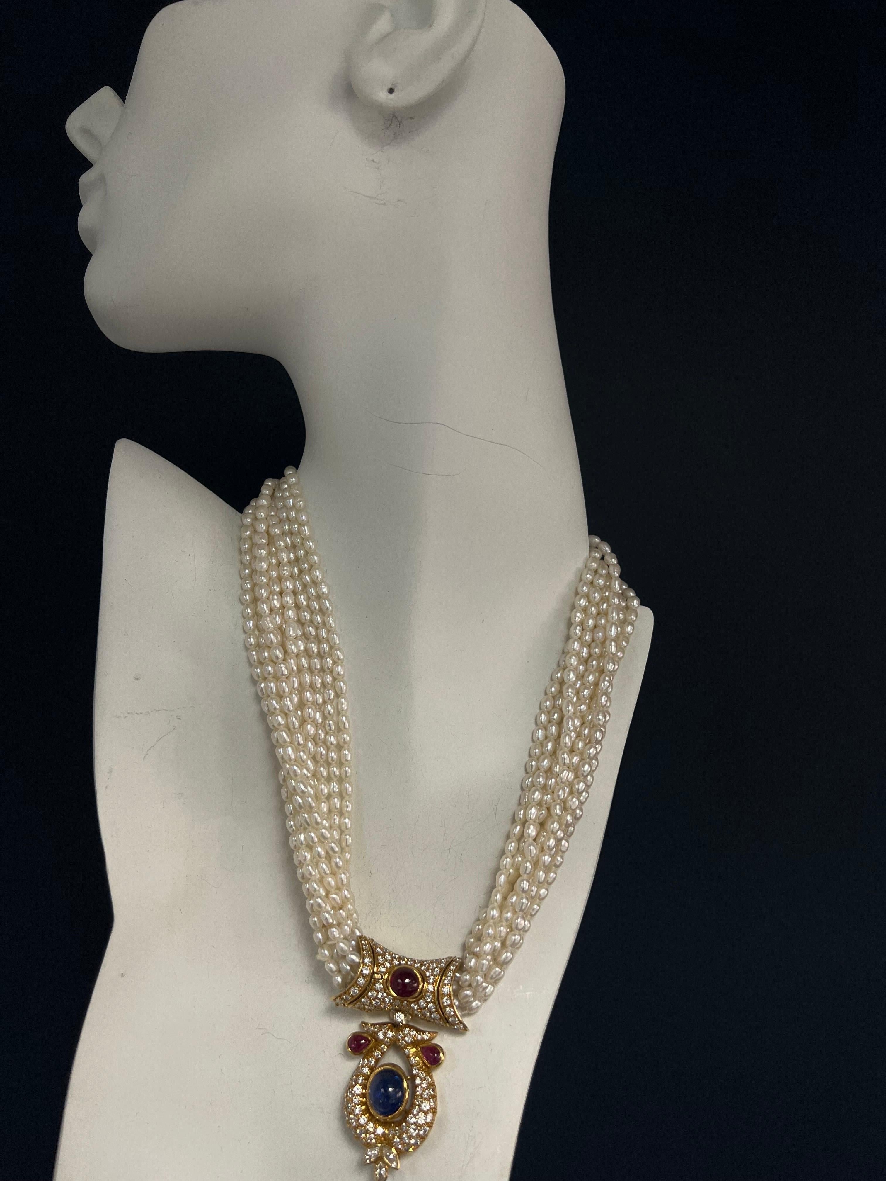 GIA Certified 14 Carat Natural Diamond and Blue Sapphire Cab Necklace Circa 1950 In Good Condition For Sale In Los Angeles, CA