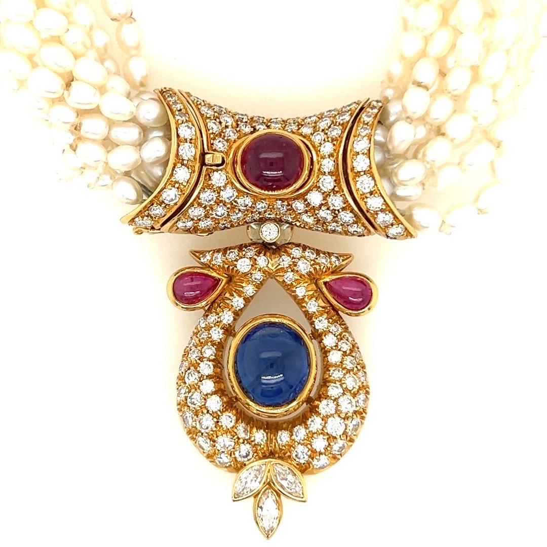GIA Certified 14 Carat Natural Diamond and Blue Sapphire Cab Necklace Circa 1950 For Sale 4