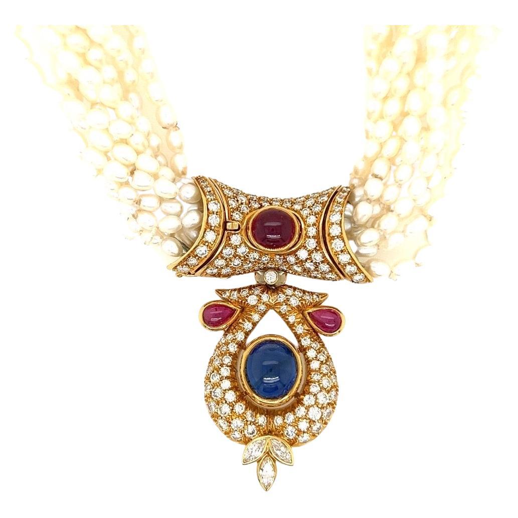 GIA Certified 14 Carat Natural Diamond and Blue Sapphire Cab Necklace Circa 1950 For Sale