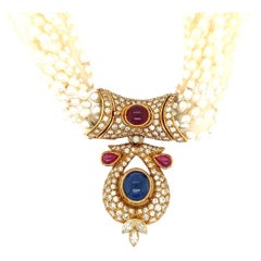 Retro GIA Certified 14 Carat Natural Diamond and Blue Sapphire Cab Necklace Circa 1950