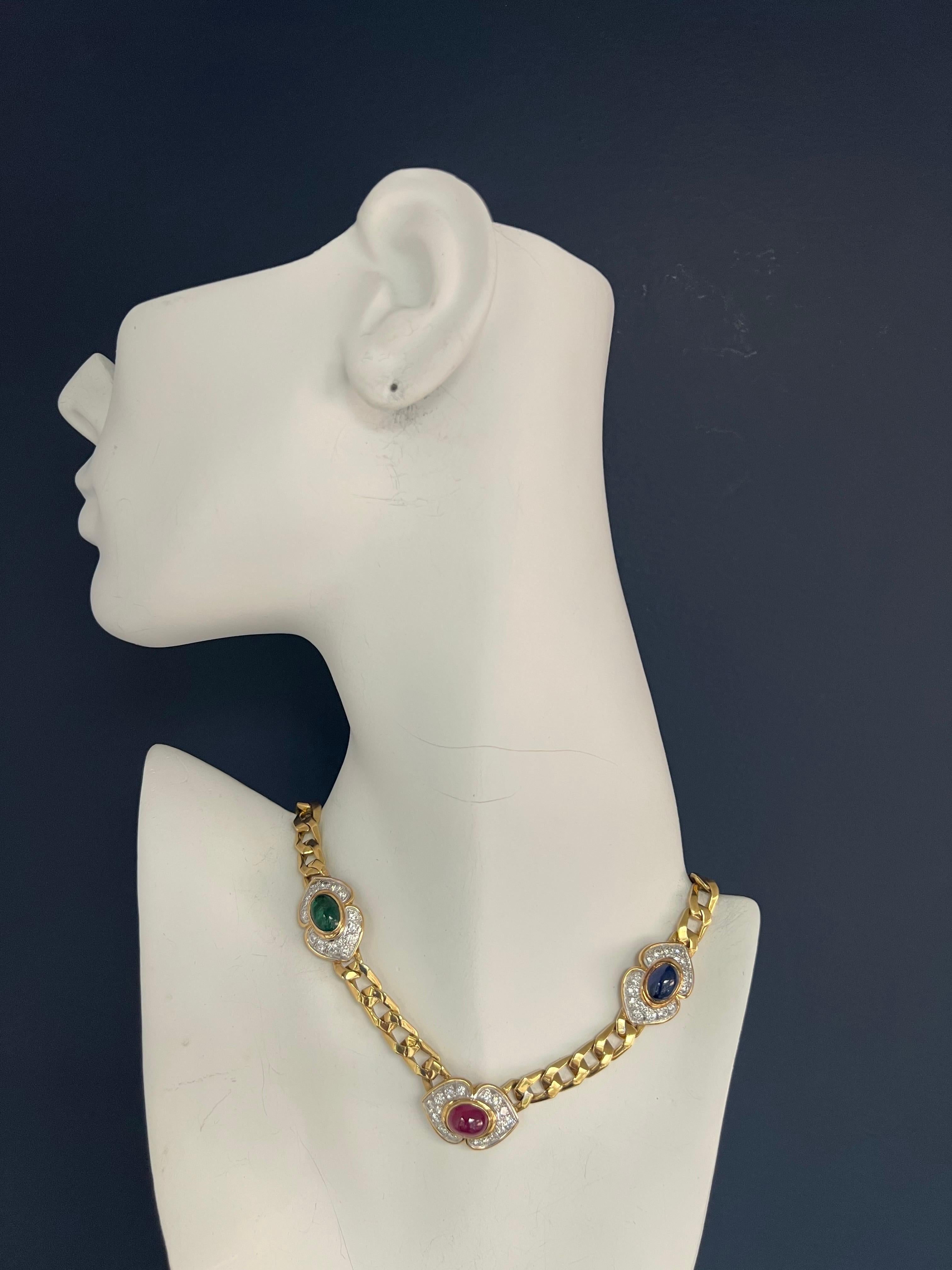 Retro Gold 14,5 Karat natürlicher Diamant & Rubin Saphir Smaragd Cabochon Halskette  im Zustand „Gut“ im Angebot in Los Angeles, CA
