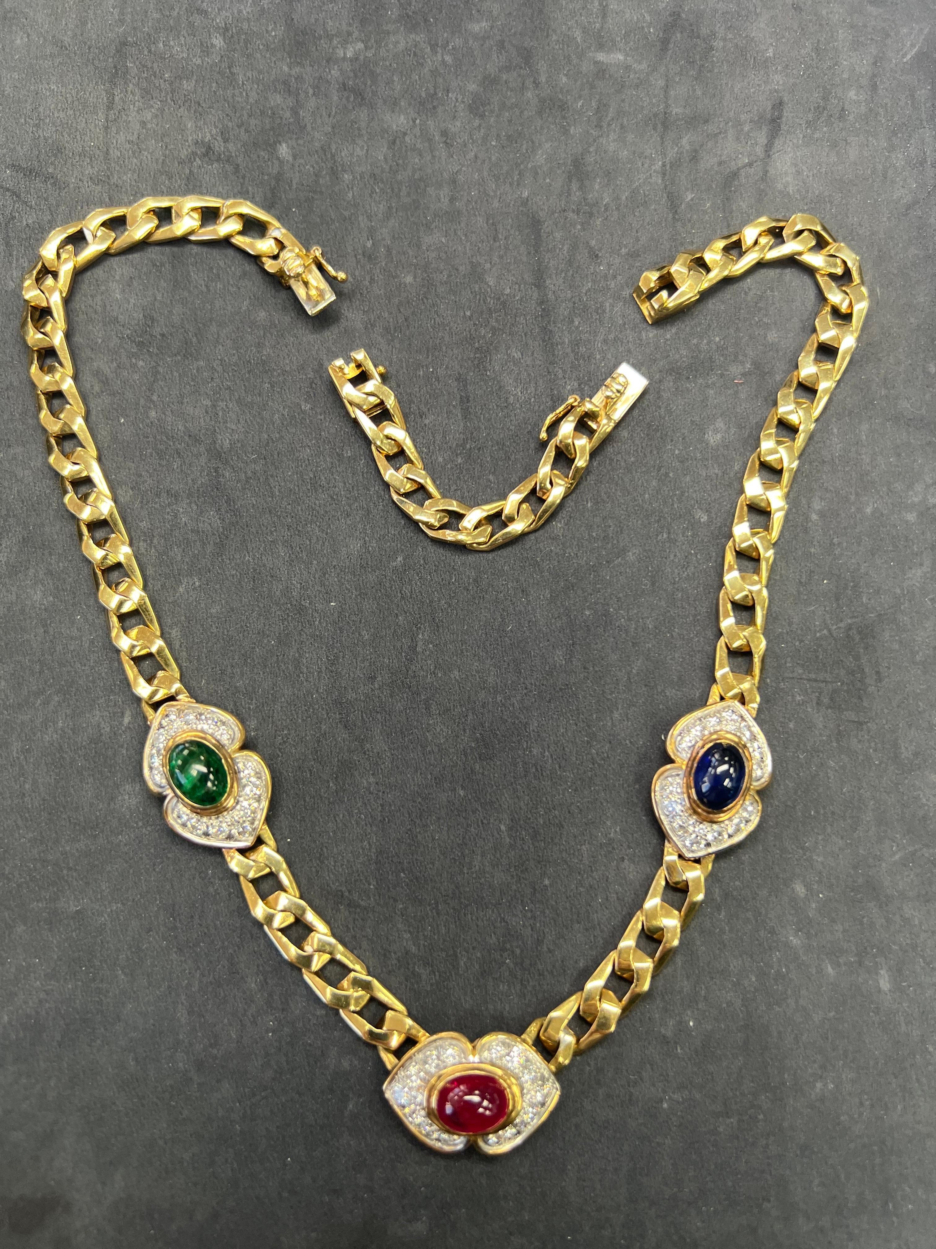 Retro Gold 14,5 Karat natürlicher Diamant & Rubin Saphir Smaragd Cabochon Halskette  Damen im Angebot