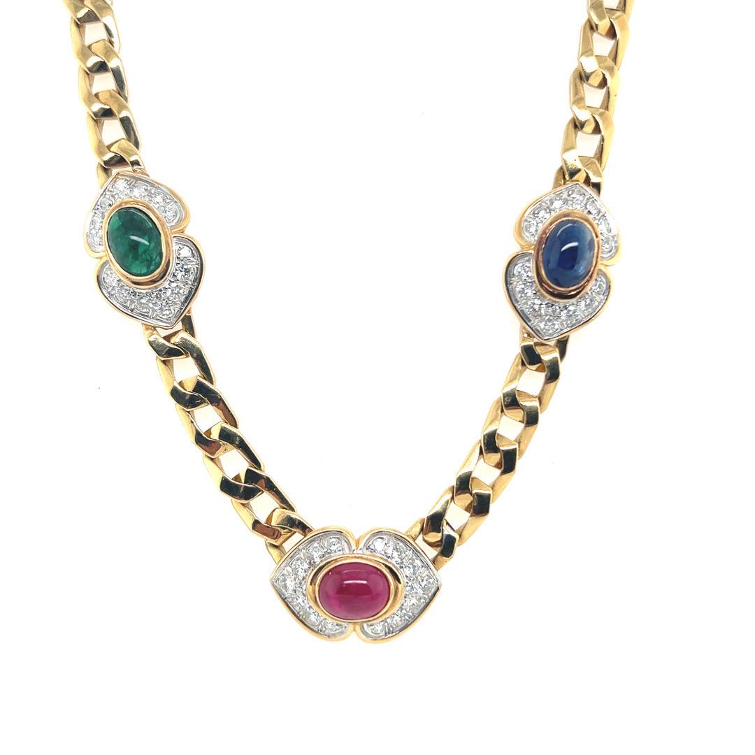 Retro Gold 14.5 Carat Natural Diamond & Ruby Sapphire Emerald Cabochon Necklace  For Sale 3