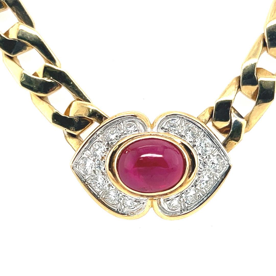Retro Gold 14,5 Karat natürlicher Diamant & Rubin Saphir Smaragd Cabochon Halskette  im Angebot 4