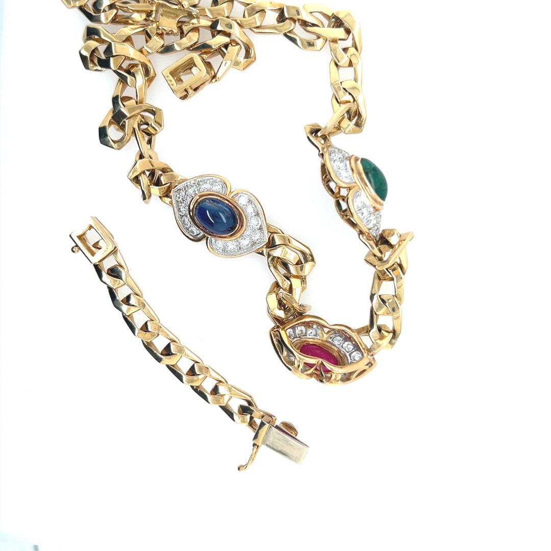 Retro Gold 14.5 Carat Natural Diamond & Ruby Sapphire Emerald Cabochon Necklace  For Sale 5