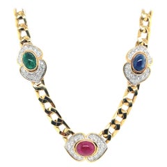 Retro Gold 14,5 Karat natürlicher Diamant & Rubin Saphir Smaragd Cabochon Halskette
