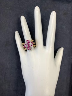 Retro Gold 2 Carat Natural Ruby Gem & Colorless Diamond Cocktail Ring Circa 1960